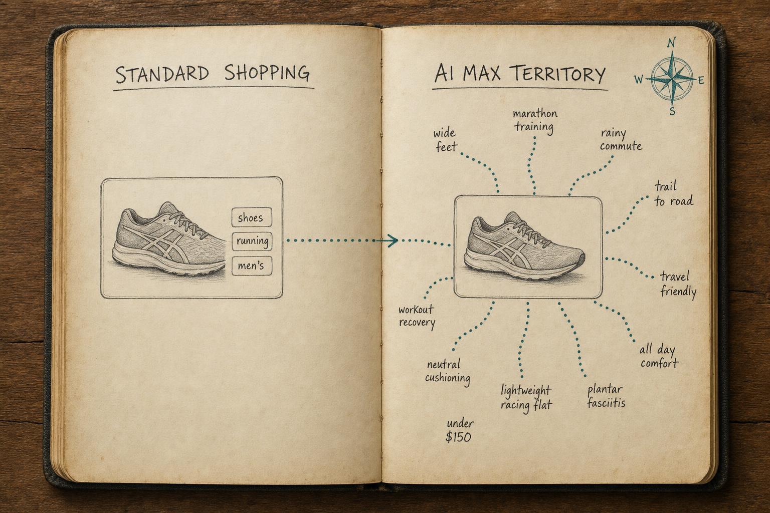 Open field-journal sketchbook on a wooden desk with the left page labeled Standard Shopping showing a product with simple keyword filters, and the right page labeled AI Max Territory showing the same product surrounded by branching intent paths