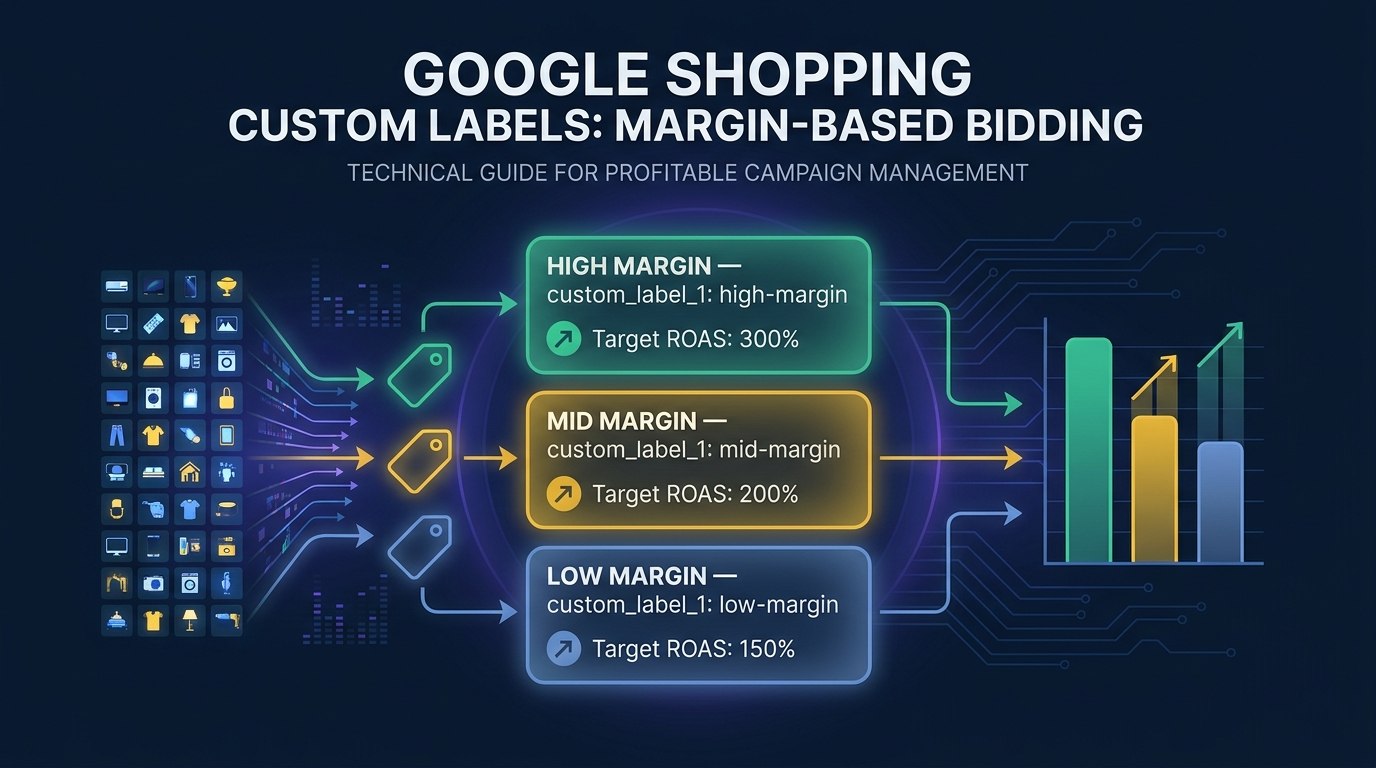 Google Shopping custom labels segmenting product catalog by margin tier for bid optimization