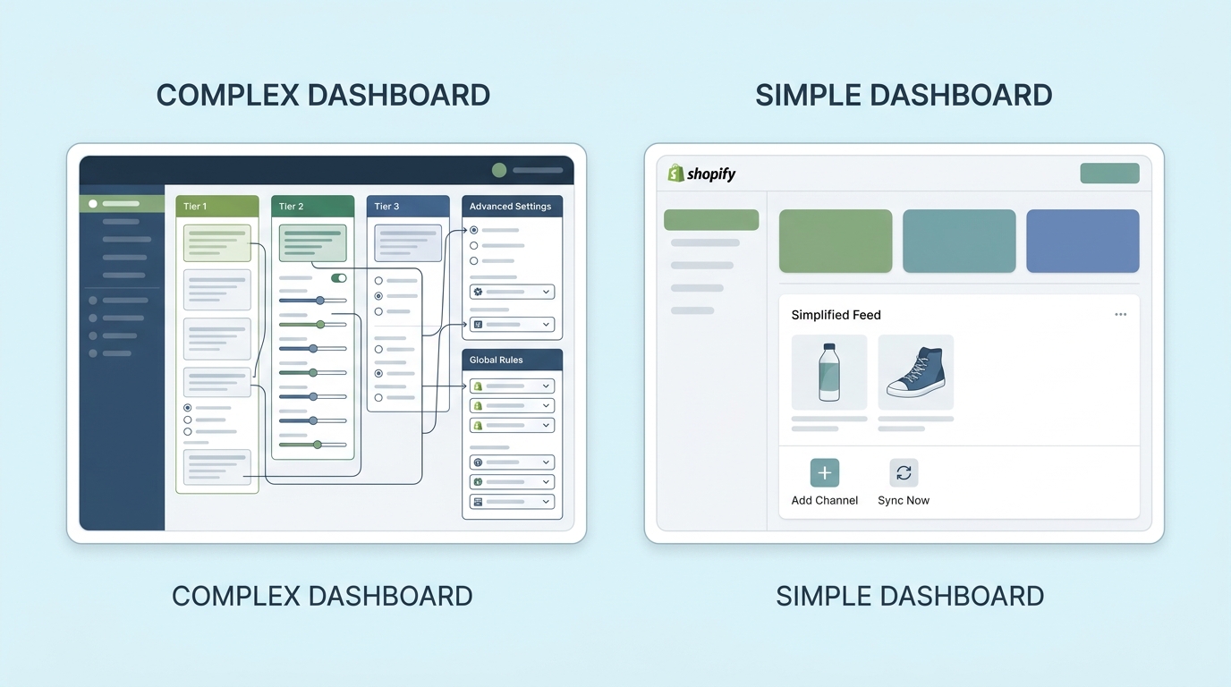 Side-by-side comparison of a complex product feed dashboard versus Simple Product Feeds' clean Shopify-native interface